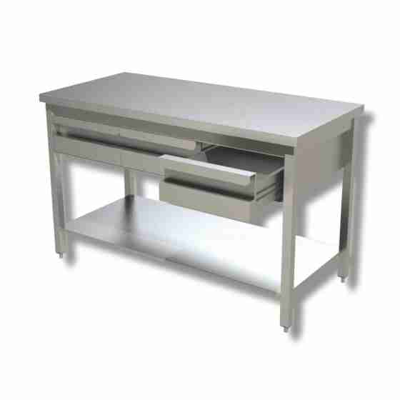 Tavolo Da Lavoro In Acciaio Inox Con Piano Di Fondo 150x60 Cm E 3 Cassetti