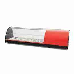 Vetrina frigo 145,6x39x36h cm refrigerata da banco rossa con piano liscio mensola intermedia vetri curvi e motore incorporato