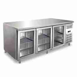 Tavolo frigo refrigerato in acciaio inox 3  porte in vetro 179,5x70x86h cm -2 +8 °C