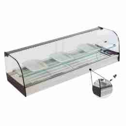 Vetrina frigo 1216x410x330h mm refrigerata da banco a due piani argento con vetri curvi, piano liscio e motore remoto incluso