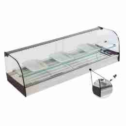Vetrina frigo 1516x410x330h mm refrigerata da banco a due piani argento con vetri dritti, piano liscio e motore remoto incluso