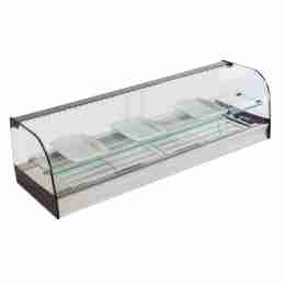 Vetrina frigo 1216x410x330h mm refrigerata da banco a due piani bianca con vetri curvi, piano liscio e motore remoto incluso