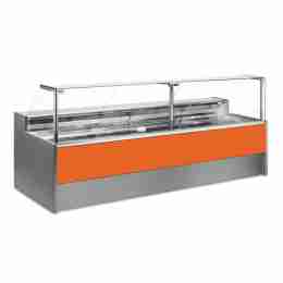 Banco refrigerato statico con vano riserva per salumeria e macelleria arancio +4 +6°C 250x109x128h cm
